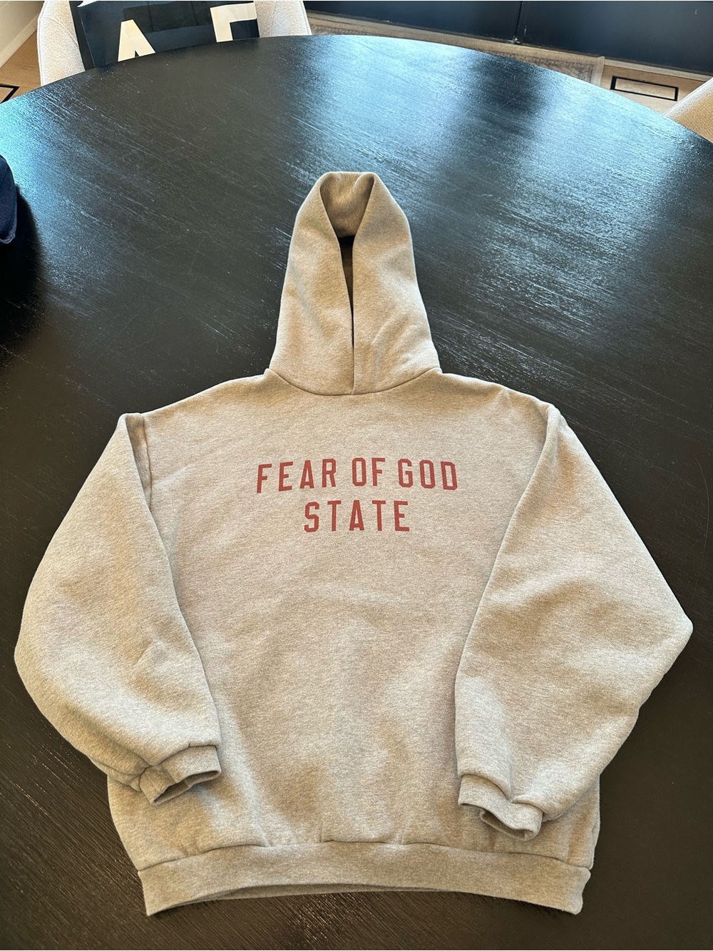 Essentials Hoodie Gray with Red FEAR OF GOD STATE Graphic